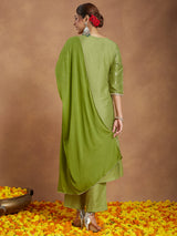 Women's Lime Green Silk Blend Zari Yoke Embroidered Gold Printed A-line Kurta Set