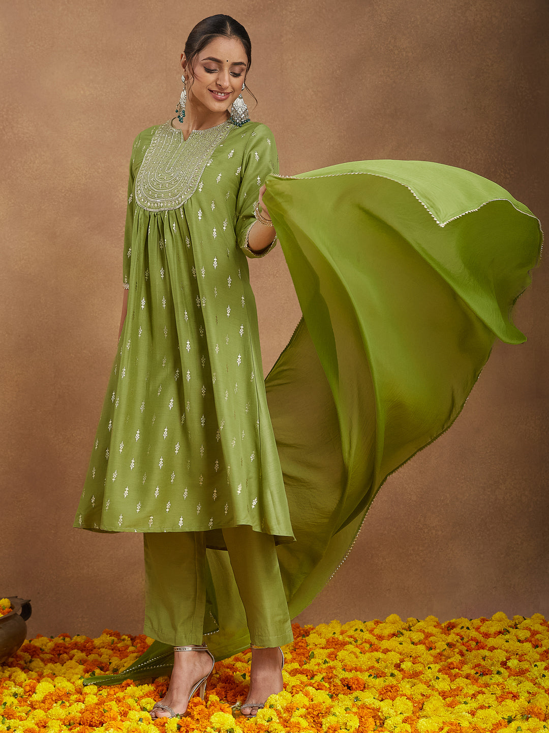 Women's Lime Green Silk Blend Zari Yoke Embroidered Gold Printed A-line Kurta Set