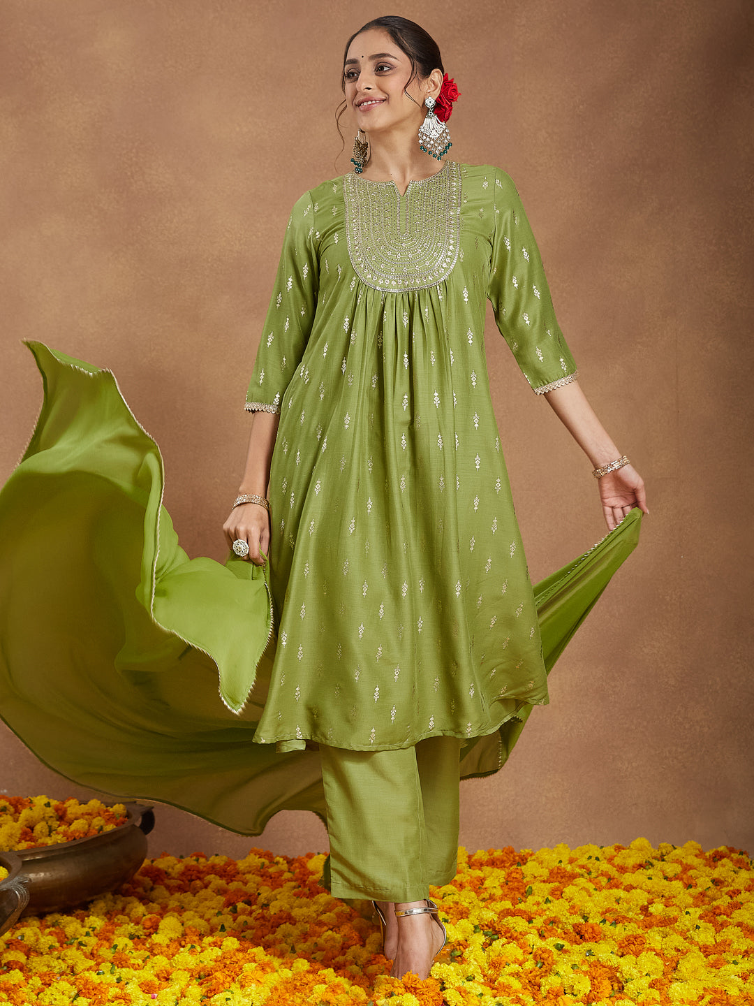 Women's Lime Green Silk Blend Zari Yoke Embroidered Gold Printed A-line Kurta Set
