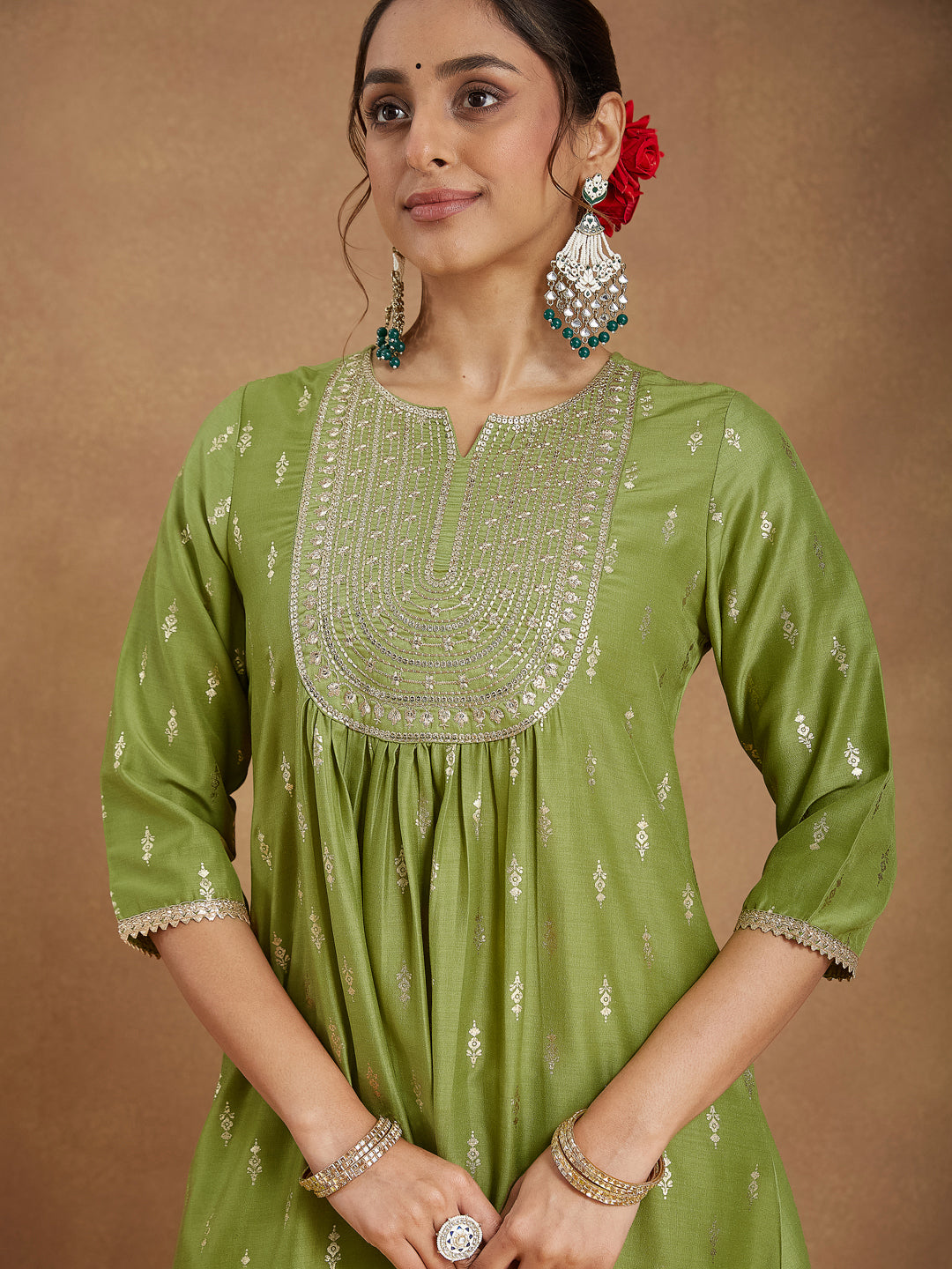 Women's Lime Green Silk Blend Zari Yoke Embroidered Gold Printed A-line Kurta Set