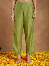 Women's Lime Green Silk Blend Zari Yoke Embroidered Gold Printed A-line Kurta Set