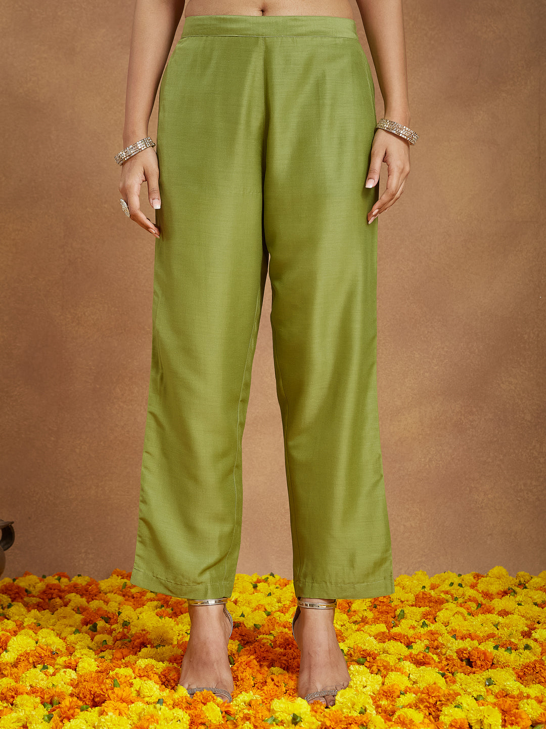 Women's Lime Green Silk Blend Zari Yoke Embroidered Gold Printed A-line Kurta Set