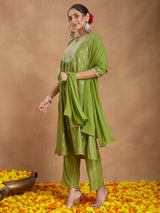 Women's Lime Green Silk Blend Zari Yoke Embroidered Gold Printed A-line Kurta Set