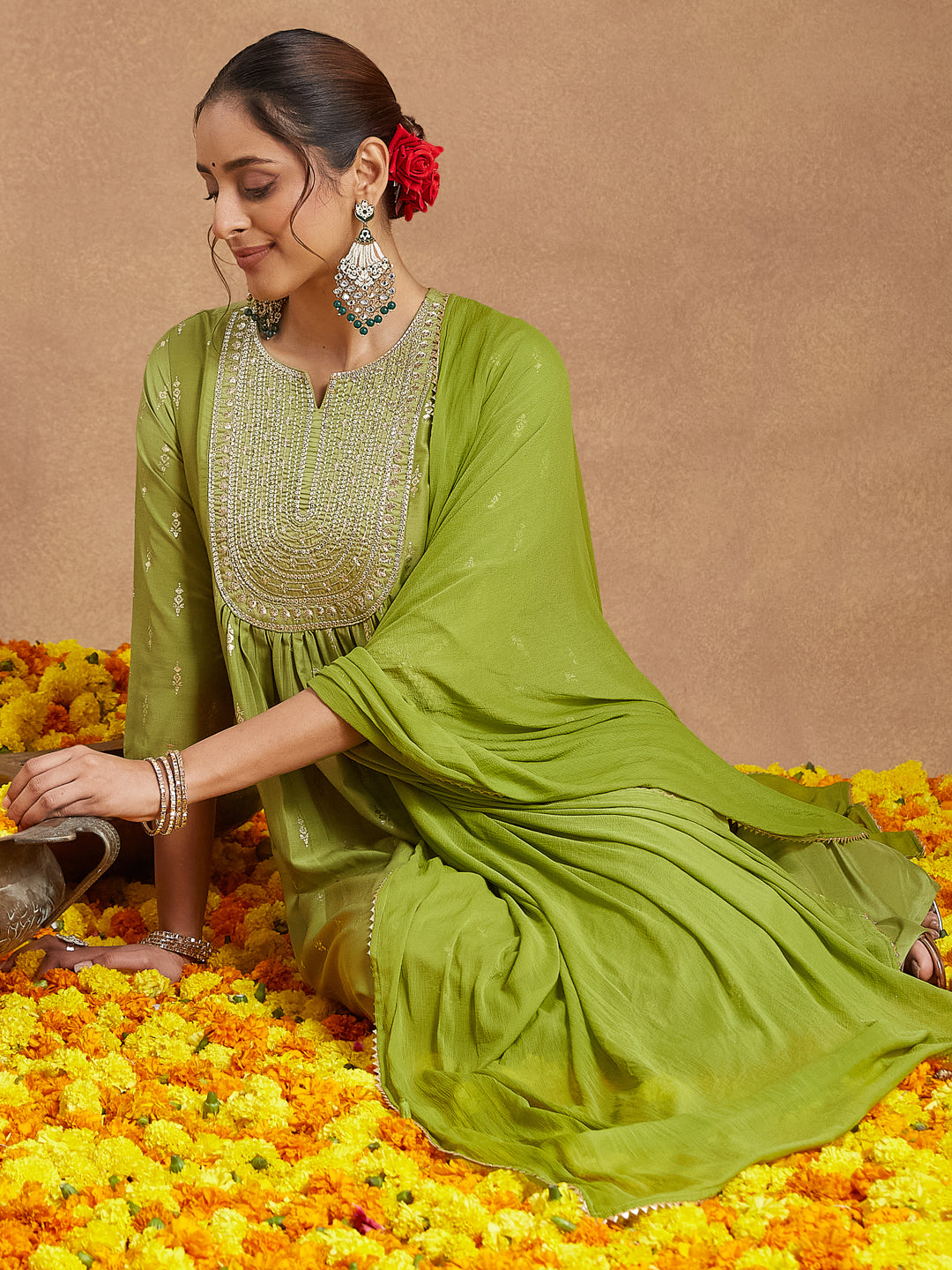 Women's Lime Green Silk Blend Zari Yoke Embroidered Gold Printed A-line Kurta Set