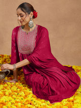 Women's Pink Silk Blend Zari Yoke Embroidered Gold Printed A-line Kurta Set With Dupatta