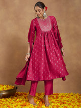 Women's Pink Silk Blend Zari Yoke Embroidered Gold Printed A-line Kurta Set With Dupatta