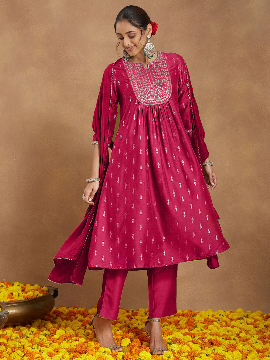 Women's Pink Silk Blend Zari Yoke Embroidered Gold Printed A-line Kurta Set With Dupatta