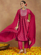 Women's Pink Silk Blend Zari Yoke Embroidered Gold Printed A-line Kurta Set With Dupatta