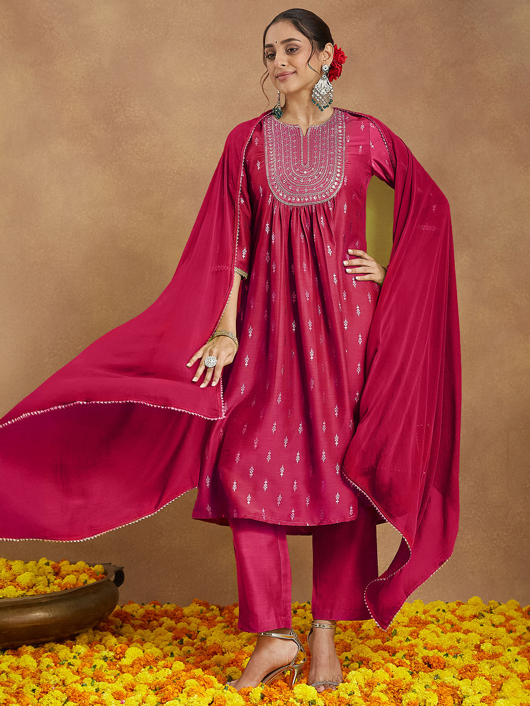 Women's Pink Silk Blend Zari Yoke Embroidered Gold Printed A-line Kurta Set With Dupatta