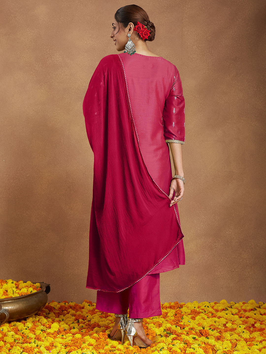 Women's Pink Silk Blend Zari Yoke Embroidered Gold Printed A-line Kurta Set With Dupatta