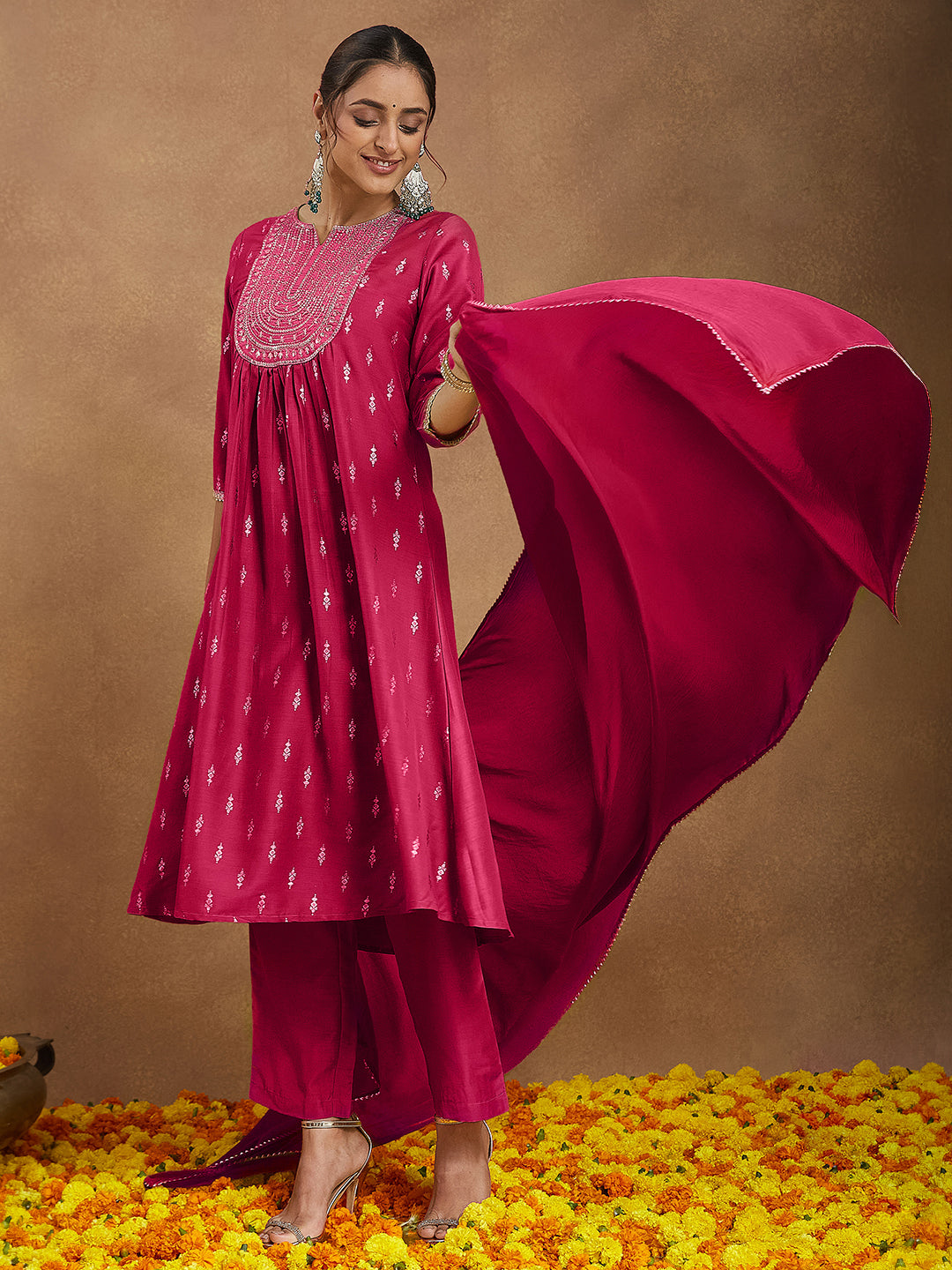 Women's Pink Silk Blend Zari Yoke Embroidered Gold Printed A-line Kurta Set With Dupatta