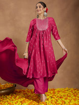 Women's Pink Silk Blend Zari Yoke Embroidered Gold Printed A-line Kurta Set With Dupatta