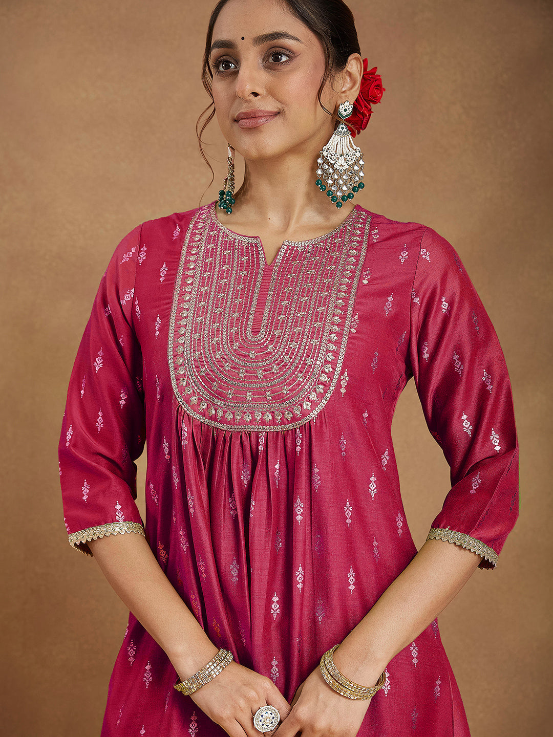 Women's Pink Silk Blend Zari Yoke Embroidered Gold Printed A-line Kurta Set With Dupatta