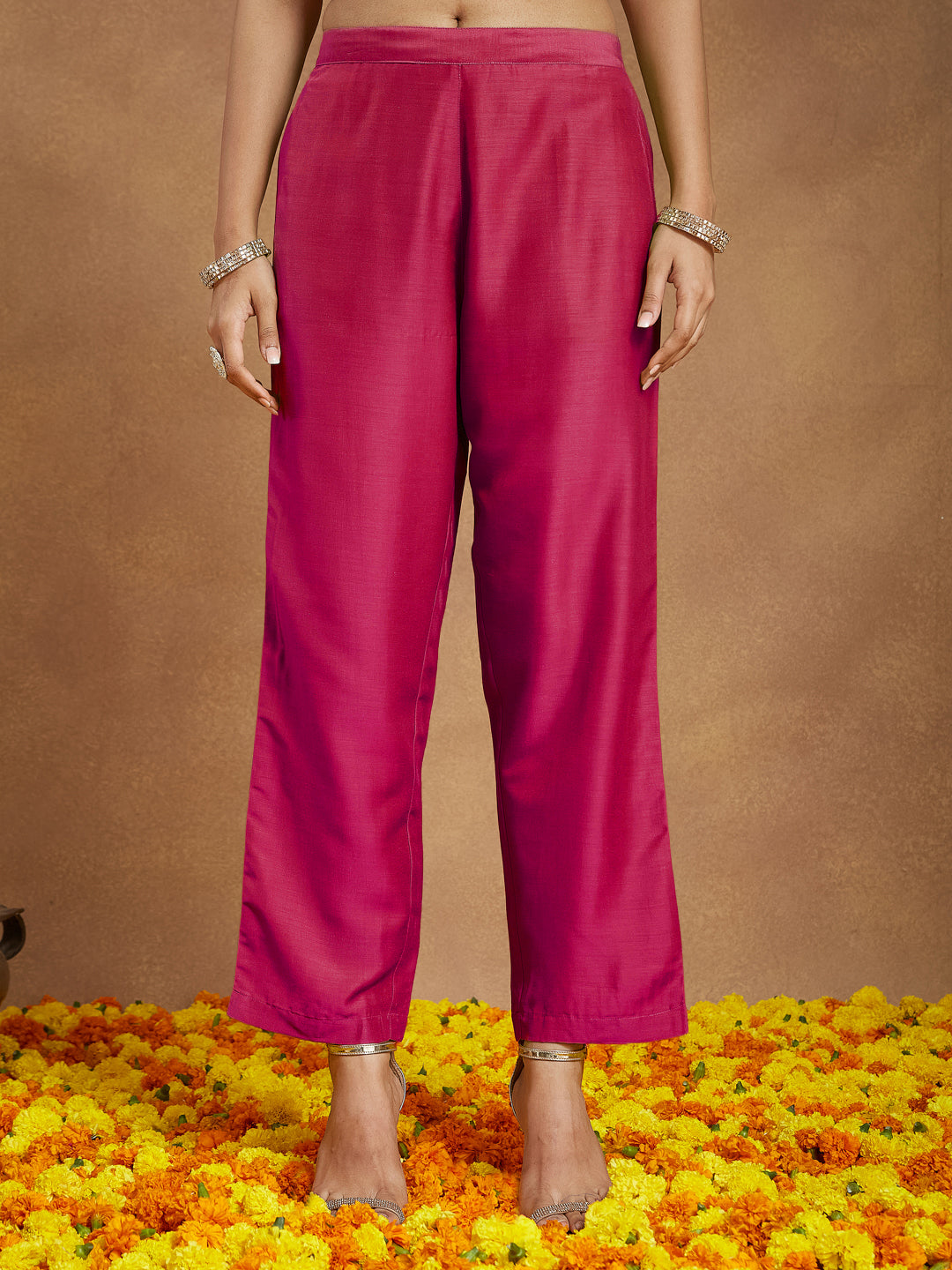 Women's Pink Silk Blend Zari Yoke Embroidered Gold Printed A-line Kurta Set With Dupatta