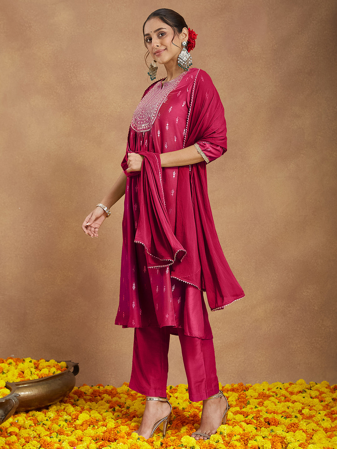 Women's Pink Silk Blend Zari Yoke Embroidered Gold Printed A-line Kurta Set With Dupatta