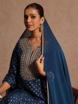 Women's Teal Blue Silk Blend Zari Embroidered Gold Printed Anarkali Kurta Set