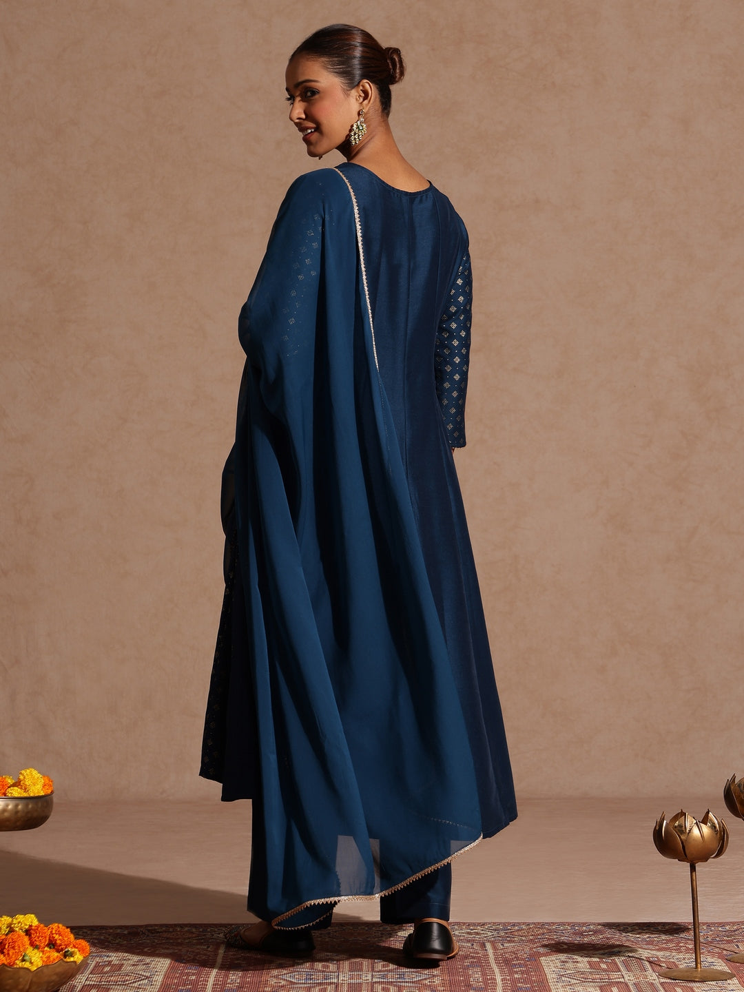 Women's Teal Blue Silk Blend Zari Embroidered Gold Printed Anarkali Kurta Set