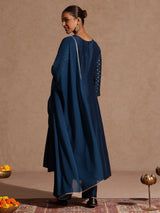 Women's Teal Blue Silk Blend Zari Embroidered Gold Printed Anarkali Kurta Set