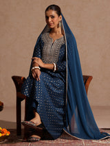 Women's Teal Blue Silk Blend Zari Embroidered Gold Printed Anarkali Kurta Set