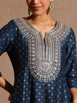 Women's Teal Blue Silk Blend Zari Embroidered Gold Printed Anarkali Kurta Set