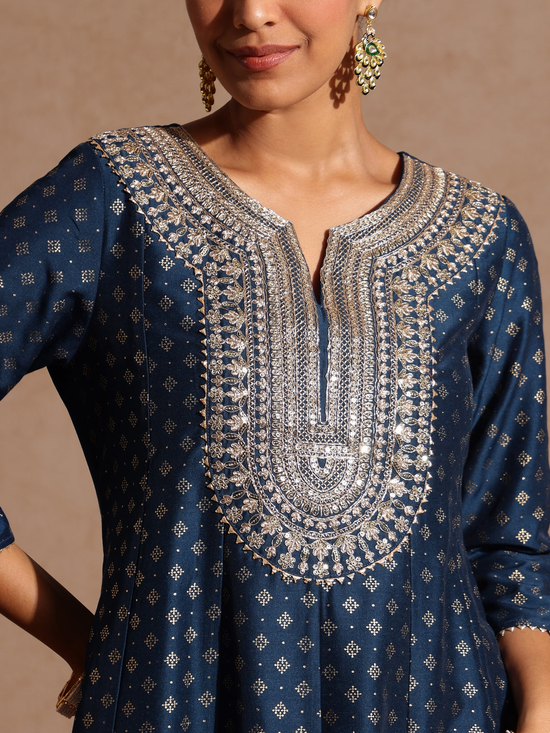 Women's Teal Blue Silk Blend Zari Embroidered Gold Printed Anarkali Kurta Set