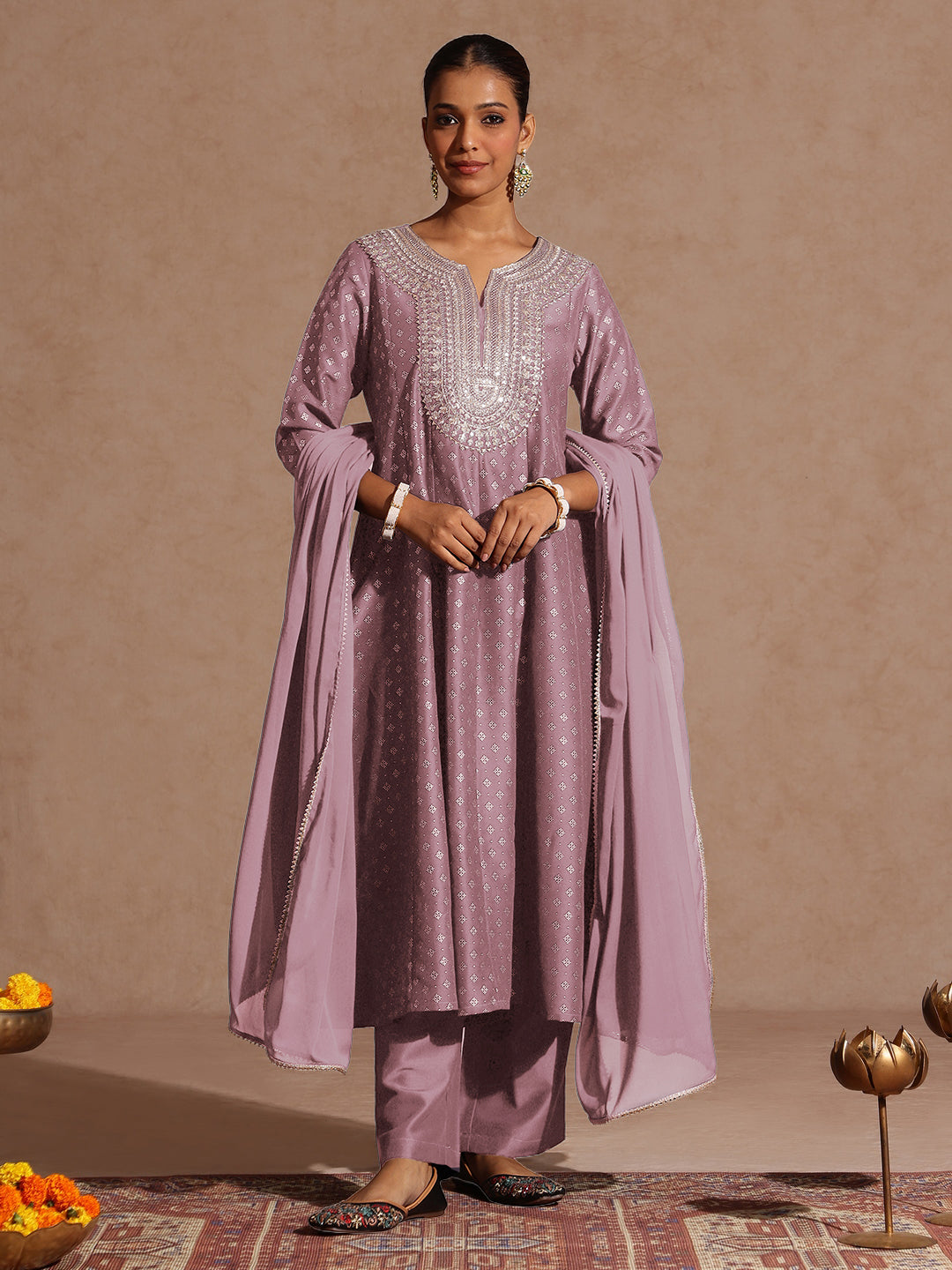 Women's Lavender Silk Blend Zari Embroidered Gold Printed Anarkali Kurta Set