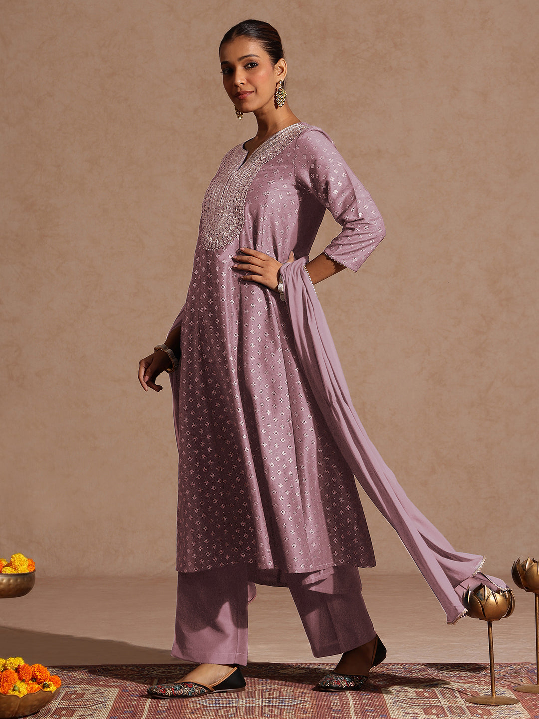 Women's Lavender Silk Blend Zari Embroidered Gold Printed Anarkali Kurta Set