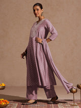 Women's Lavender Silk Blend Zari Embroidered Gold Printed Anarkali Kurta Set