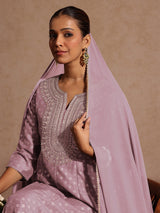Women's Lavender Silk Blend Zari Embroidered Gold Printed Anarkali Kurta Set