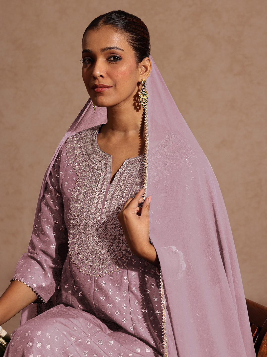 Women's Lavender Silk Blend Zari Embroidered Gold Printed Anarkali Kurta Set