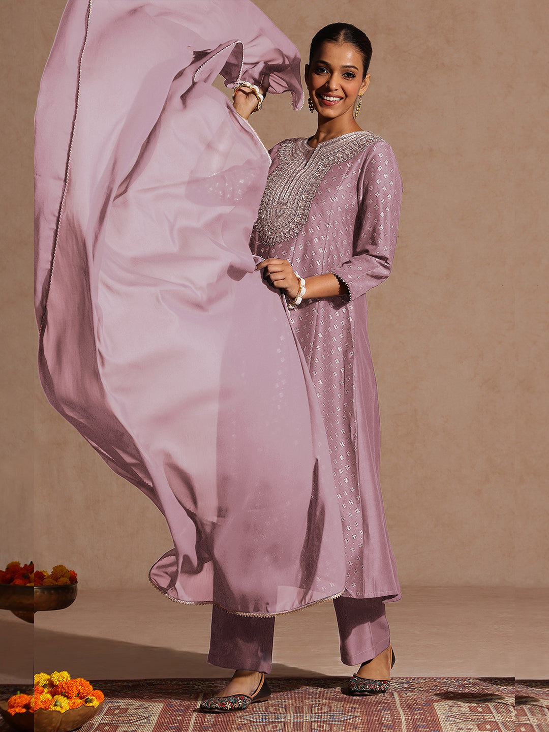 Women's Lavender Silk Blend Zari Embroidered Gold Printed Anarkali Kurta Set