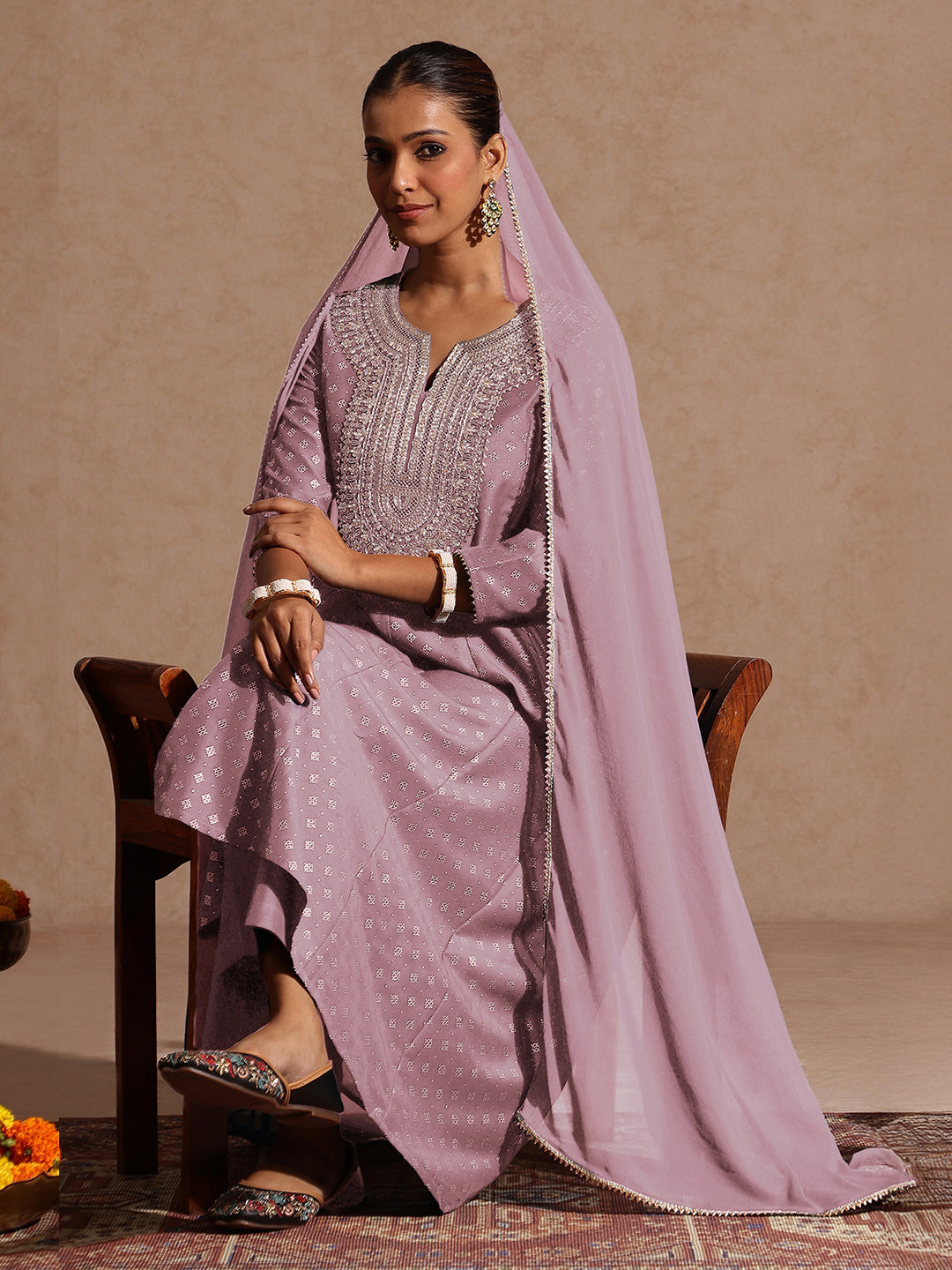 Women's Lavender Silk Blend Zari Embroidered Gold Printed Anarkali Kurta Set