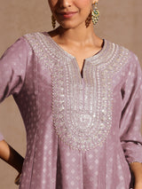 Women's Lavender Silk Blend Zari Embroidered Gold Printed Anarkali Kurta Set
