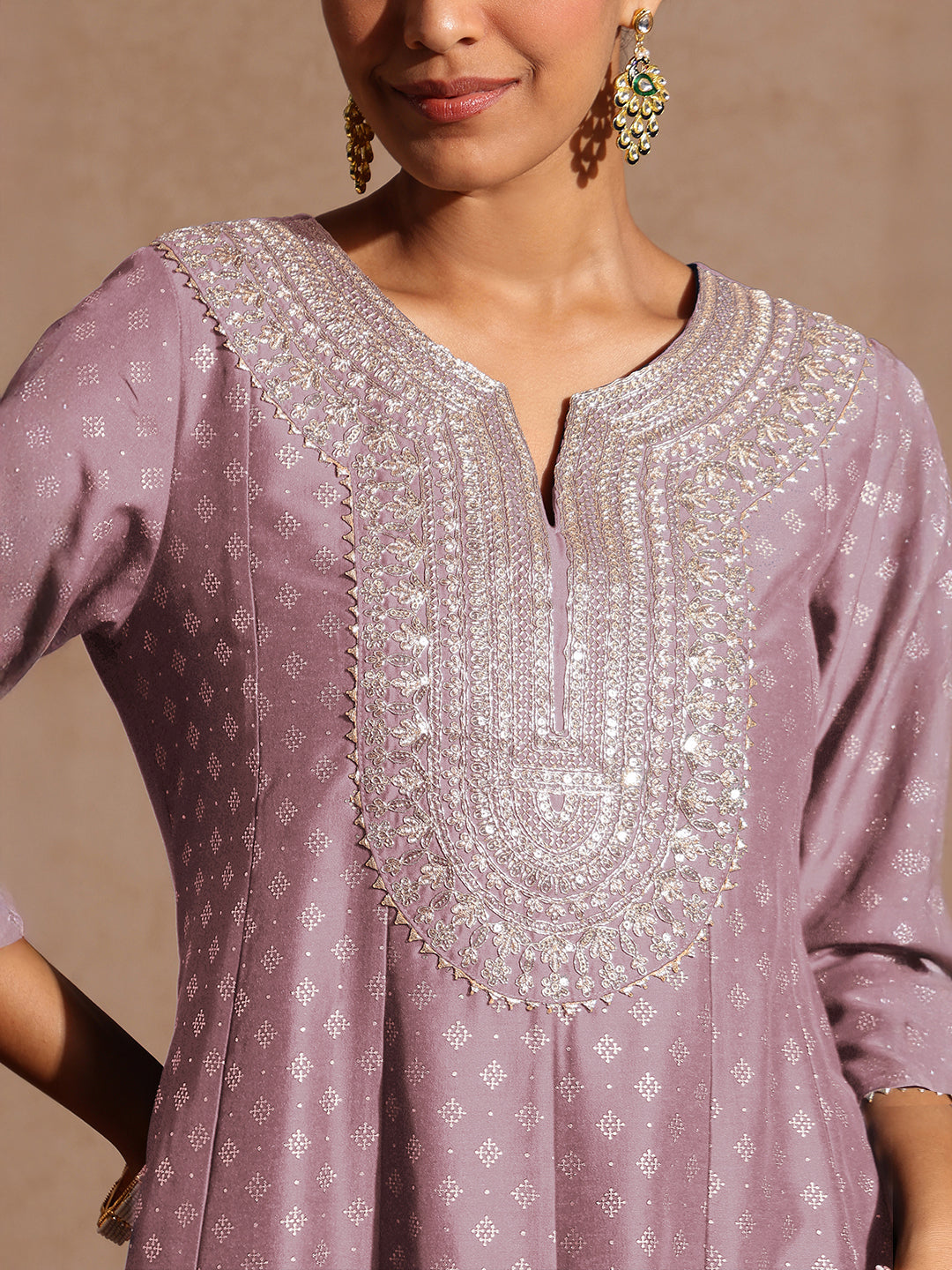 Women's Lavender Silk Blend Zari Embroidered Gold Printed Anarkali Kurta Set