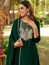 Women's Dark Green Georgette Embroidered Straight Kurta With Sharara & Dupatta Set