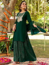 Women's Dark Green Georgette Embroidered Straight Kurta With Sharara & Dupatta Set