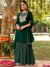 Women's Dark Green Georgette Embroidered Straight Kurta With Sharara & Dupatta Set
