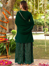 Women's Dark Green Georgette Embroidered Straight Kurta With Sharara & Dupatta Set