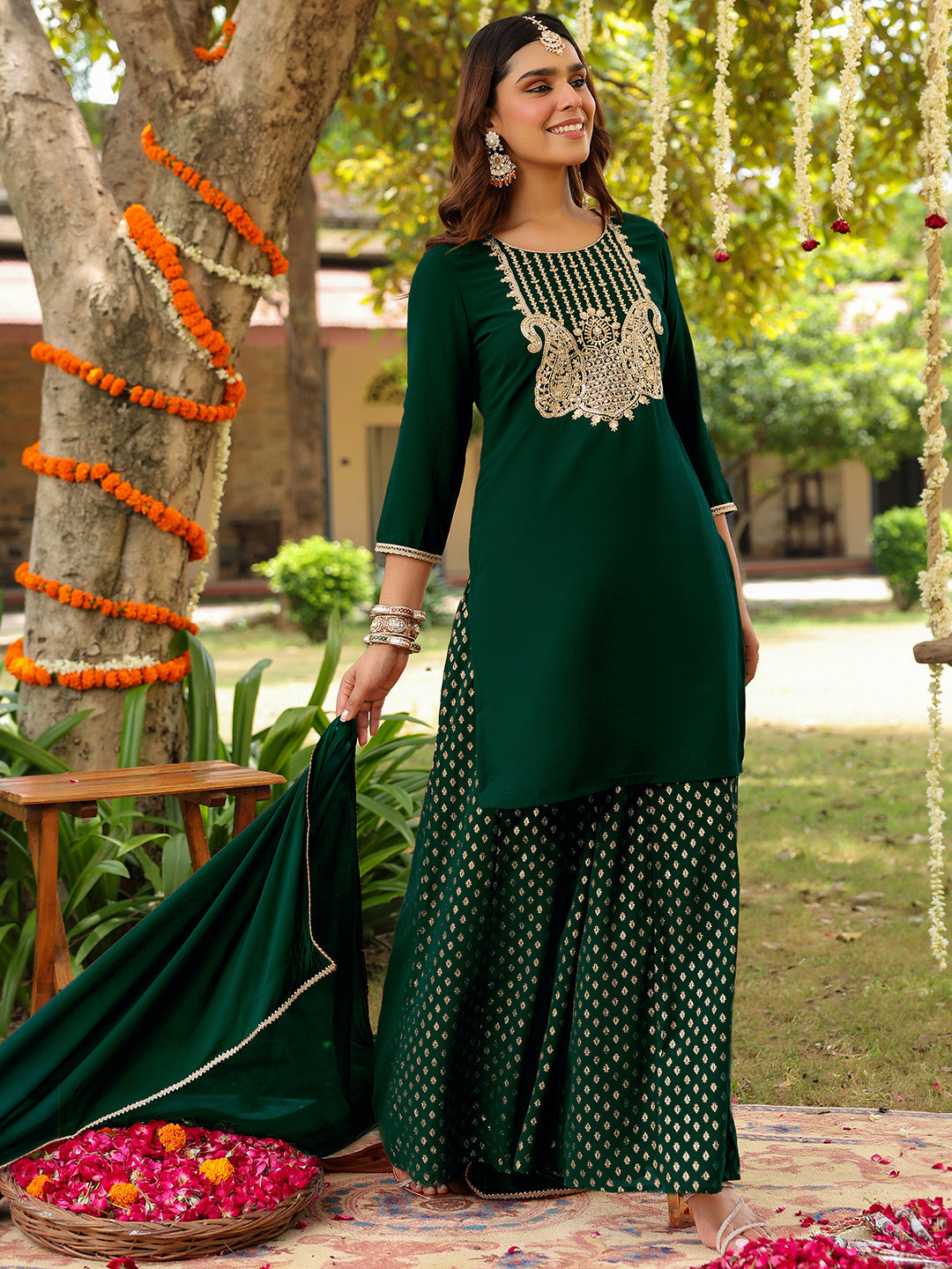 Women's Dark Green Georgette Embroidered Straight Kurta With Sharara & Dupatta Set