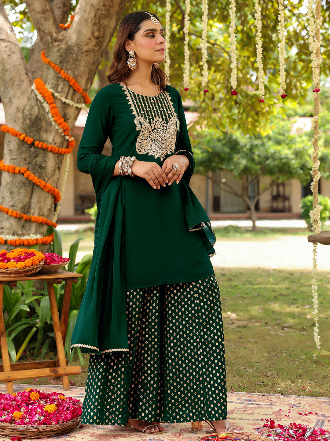 Women's Dark Green Georgette Embroidered Straight Kurta With Sharara & Dupatta Set