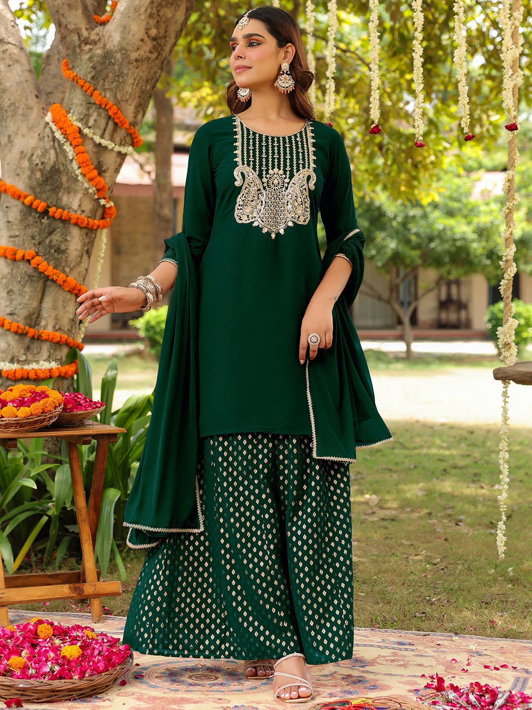 Women's Dark Green Georgette Embroidered Straight Kurta With Sharara & Dupatta Set