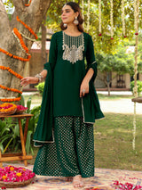 Women's Dark Green Georgette Embroidered Straight Kurta With Sharara & Dupatta Set