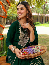 Women's Dark Green Georgette Embroidered Straight Kurta With Sharara & Dupatta Set