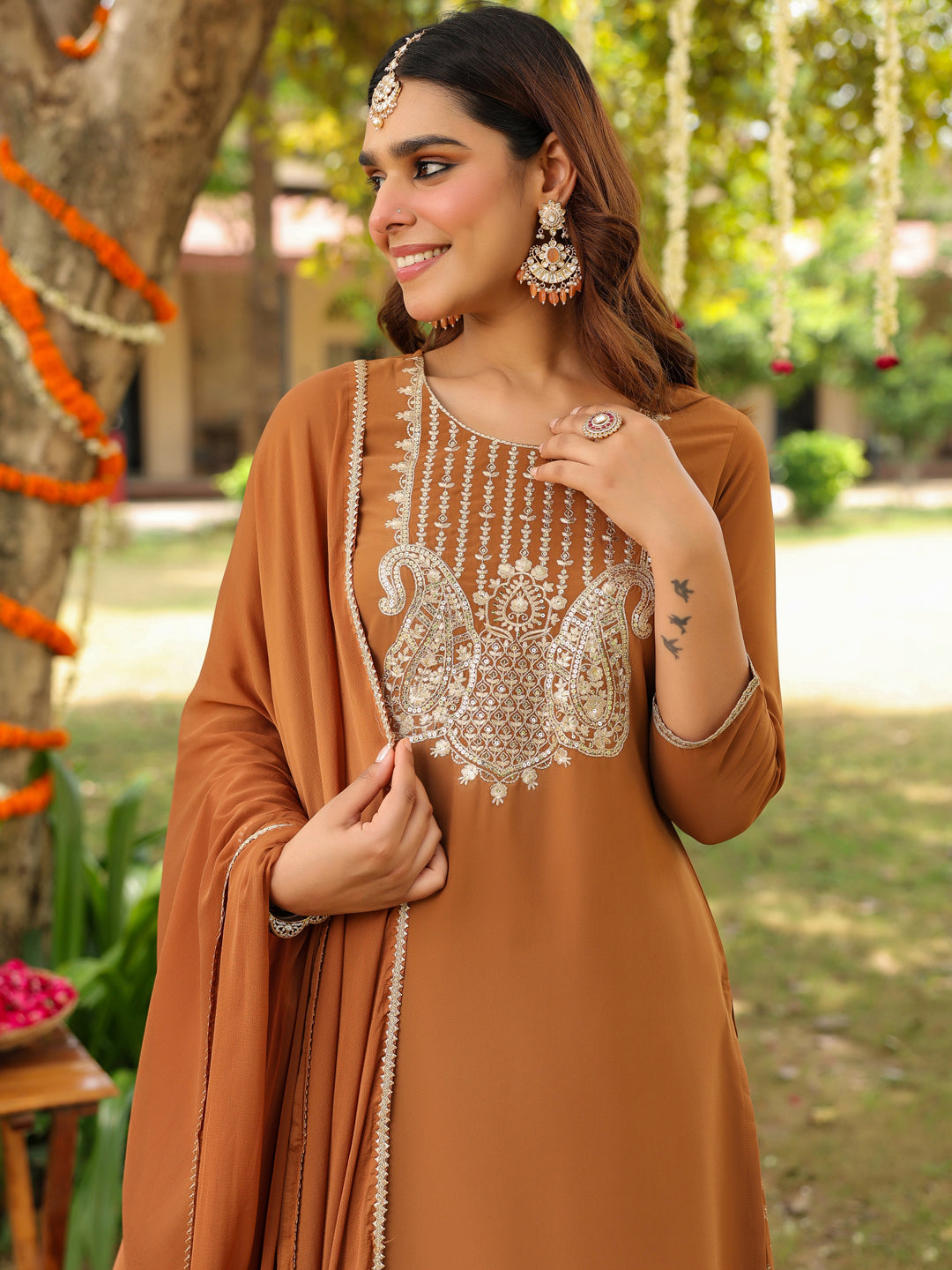 Women's Brown Georgette Embroidered Straight Kurta With Sharara & Dupatta Set