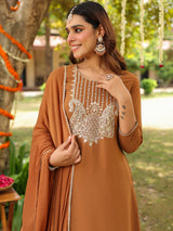 Women's Brown Georgette Embroidered Straight Kurta With Sharara & Dupatta Set