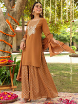 Women's Brown Georgette Embroidered Straight Kurta With Sharara & Dupatta Set