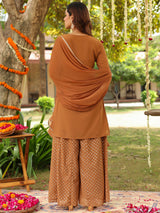 Women's Brown Georgette Embroidered Straight Kurta With Sharara & Dupatta Set