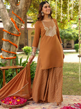 Women's Brown Georgette Embroidered Straight Kurta With Sharara & Dupatta Set