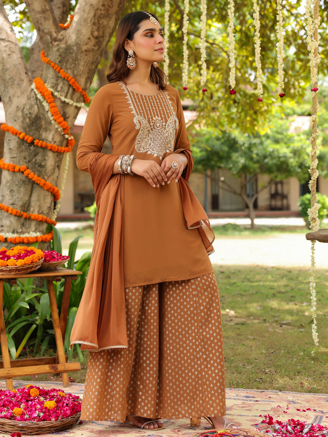 Women's Brown Georgette Embroidered Straight Kurta With Sharara & Dupatta Set