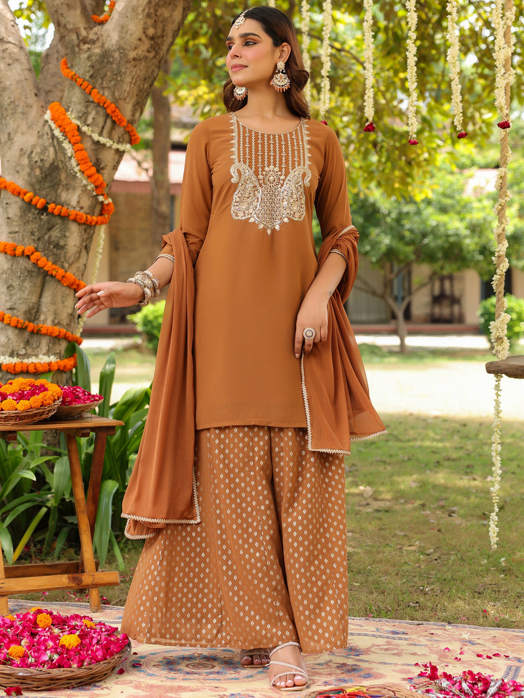 Women's Brown Georgette Embroidered Straight Kurta With Sharara & Dupatta Set